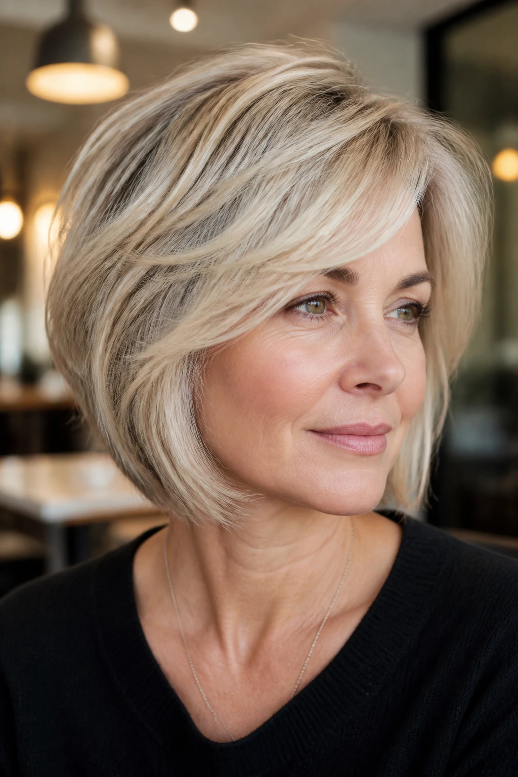 Close-up portrait of a woman with silver-blond babylights on a feathered bob
