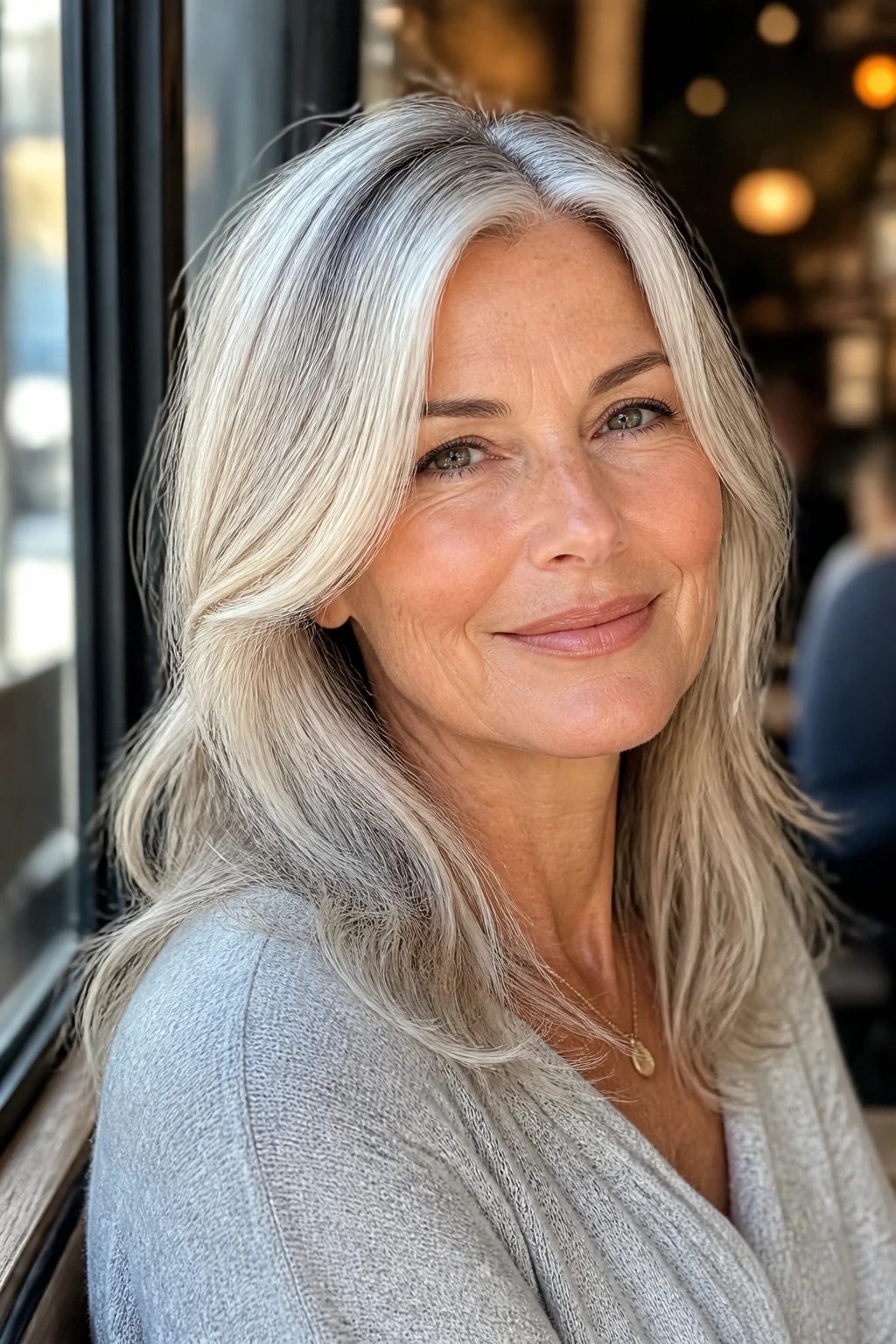Close-up of a real woman with silver blonde hair and airy babylights