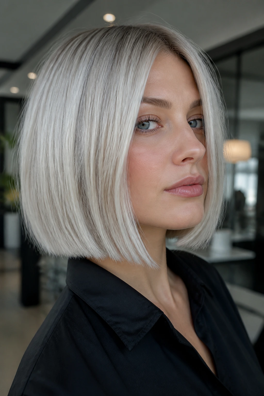 Close-up of a real woman with silver-inflected blonde blunt bob
