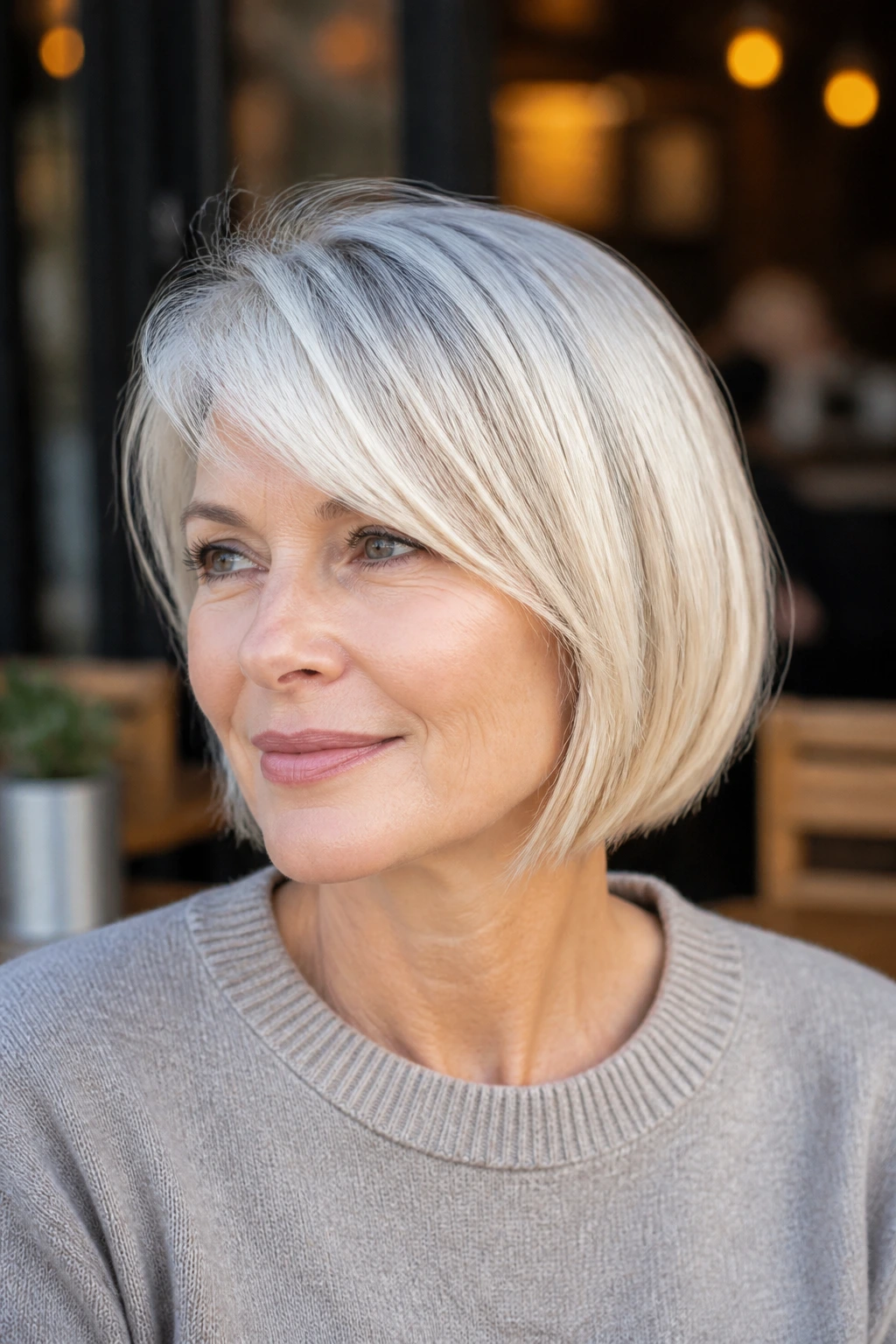 Real woman with chin-length silver-blonde bob and side-swept fringe in cafe daylight