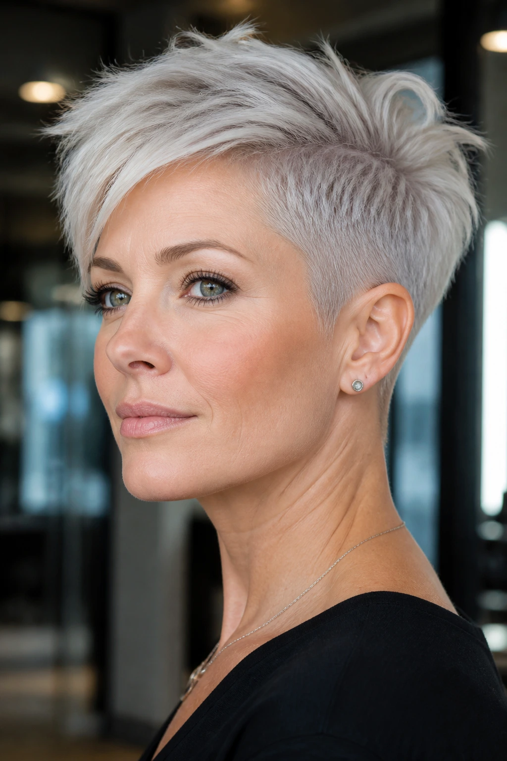 Close-up portrait of a real person with silver blonde crop, sharp metallic tones.
