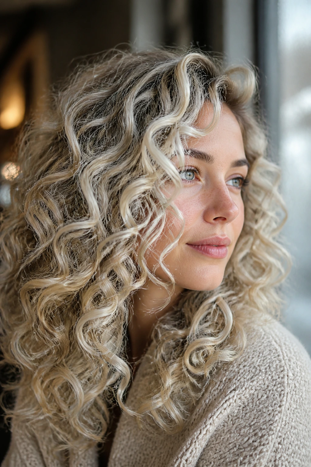 Close-up of curly hair with silver and butter blonde highlights.