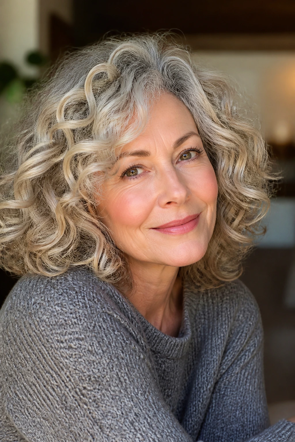 Close-up of curly silver-blonde hair with lowlights framing the face