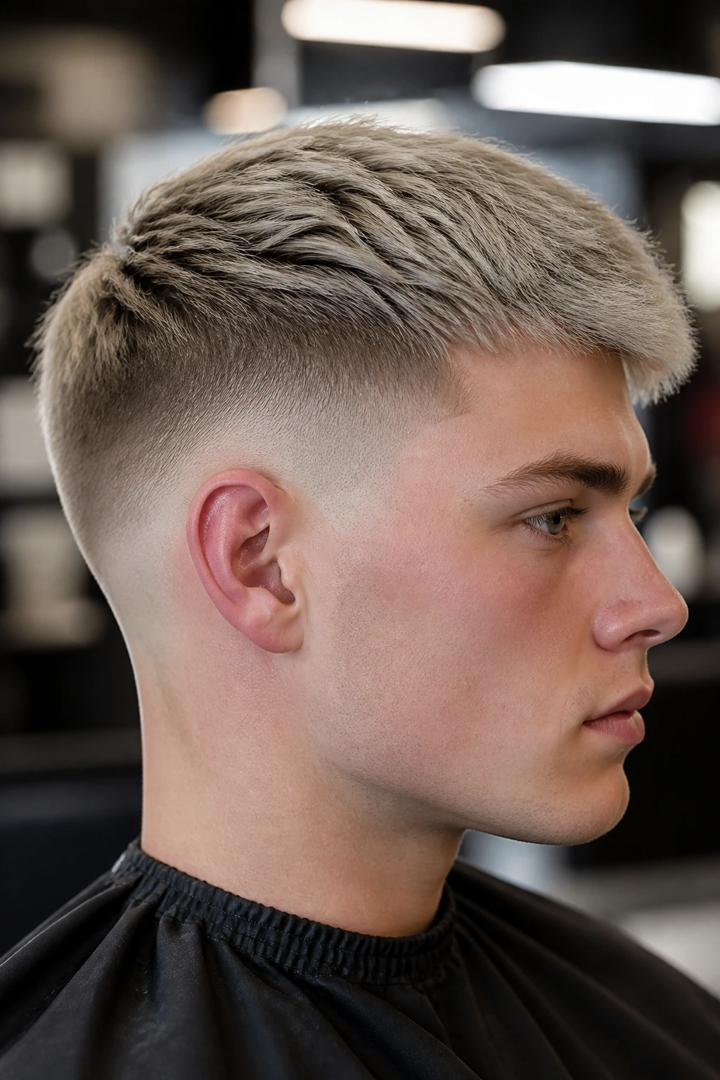Close-up of a man with a silver blonde drop fade showing the curved nape fade