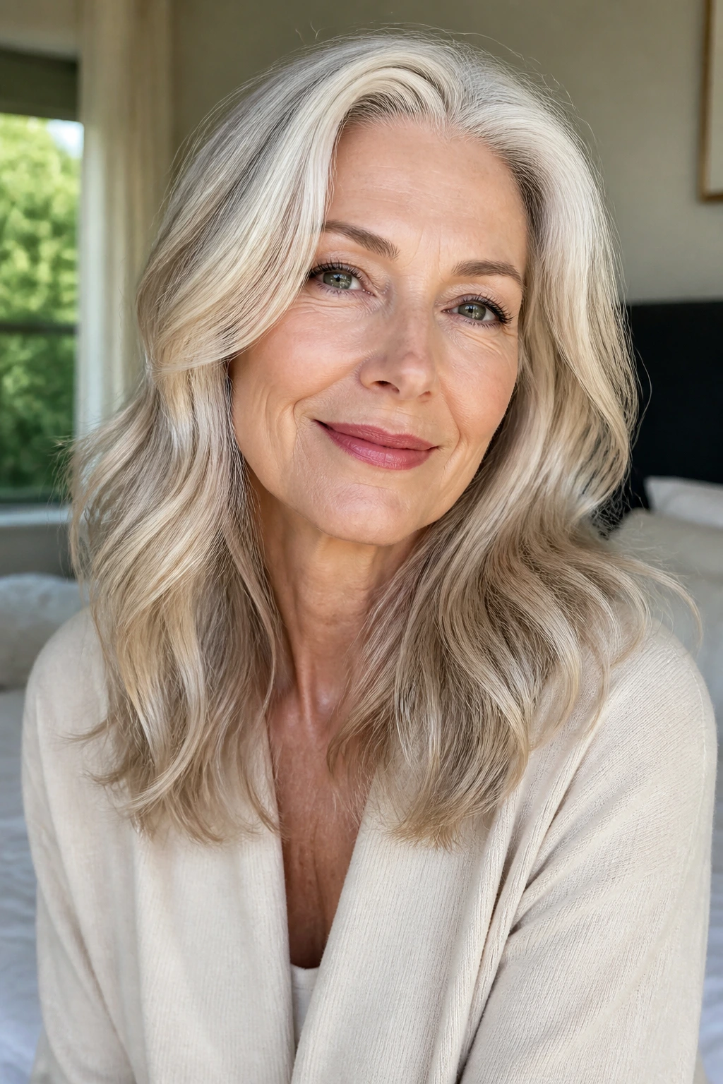 Close-up portrait of an older woman with silver-blonde hair and soft natural lighting