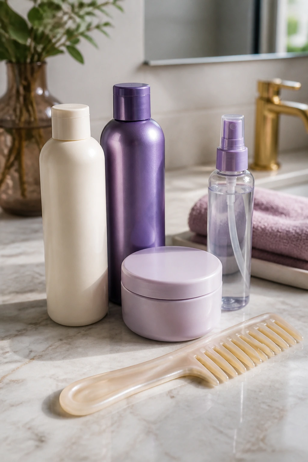 Countertop with essential silver-blonde maintenance tools arranged neatly