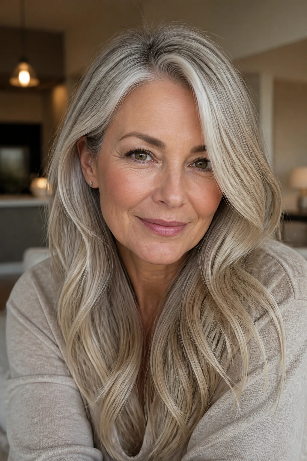 Mature woman with tuned silver blonde hair showing shadow roots and pearl gloss
