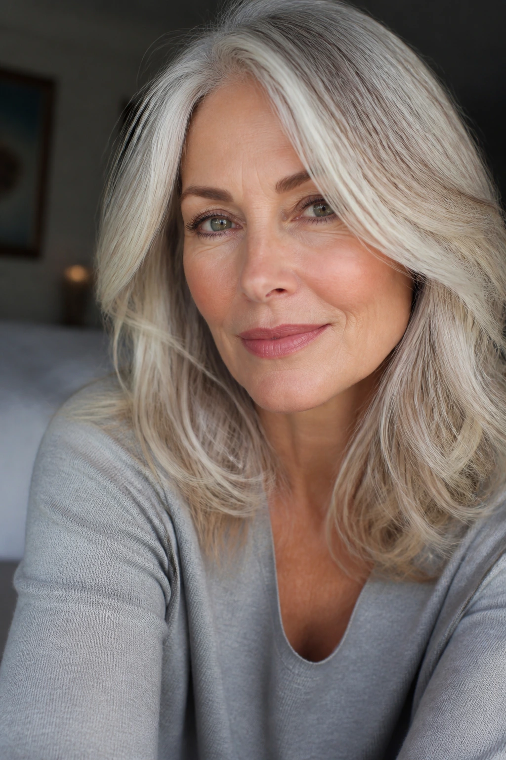 Portrait of a woman with silver blonde hair styled to flatter the face