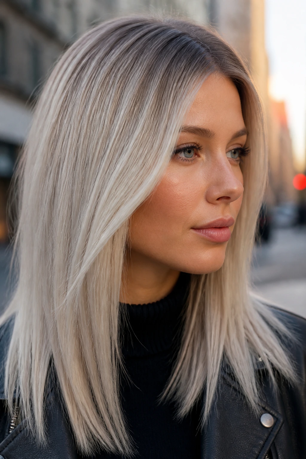 Close-up portrait of a real woman with silver blonde hair and root melt