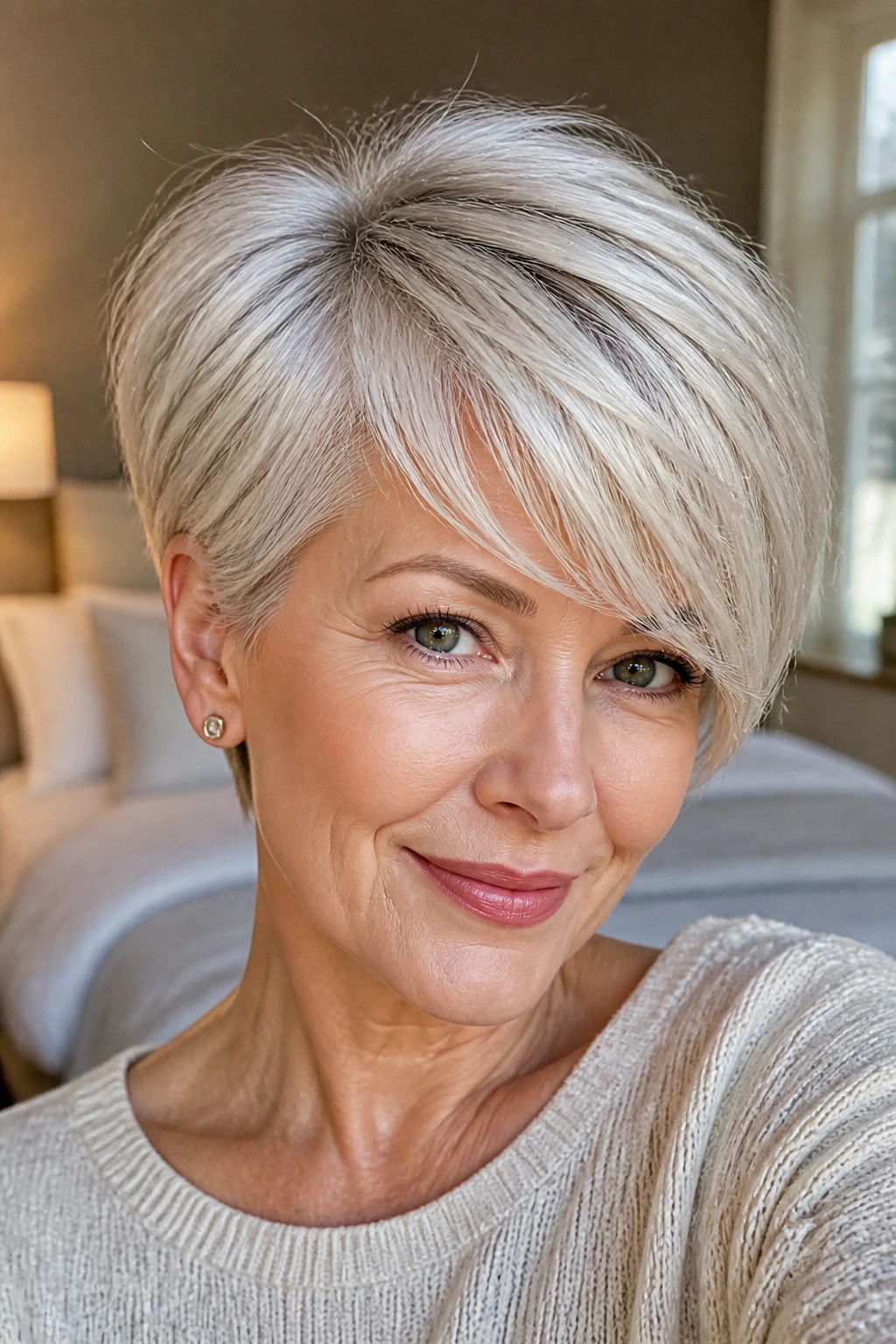 Close-up portrait of a real woman with a short silver-blonde crop and side-swept fringe in warm window light