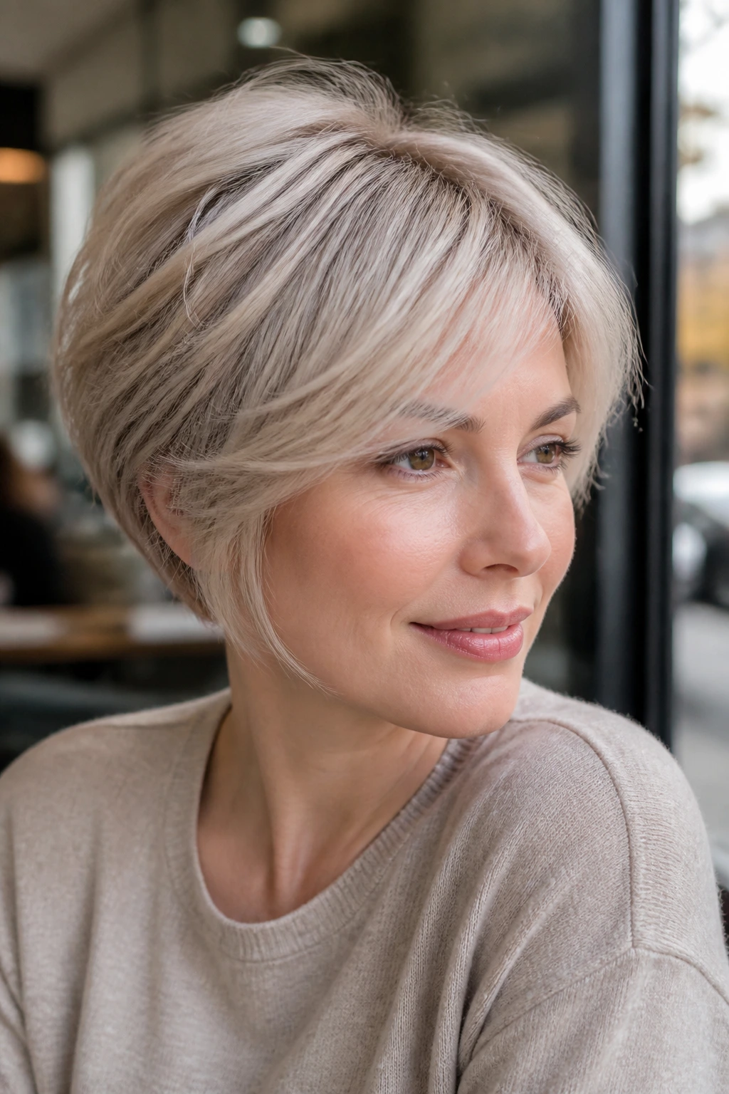 Portrait of a real woman with short layered silver-soft blonde
