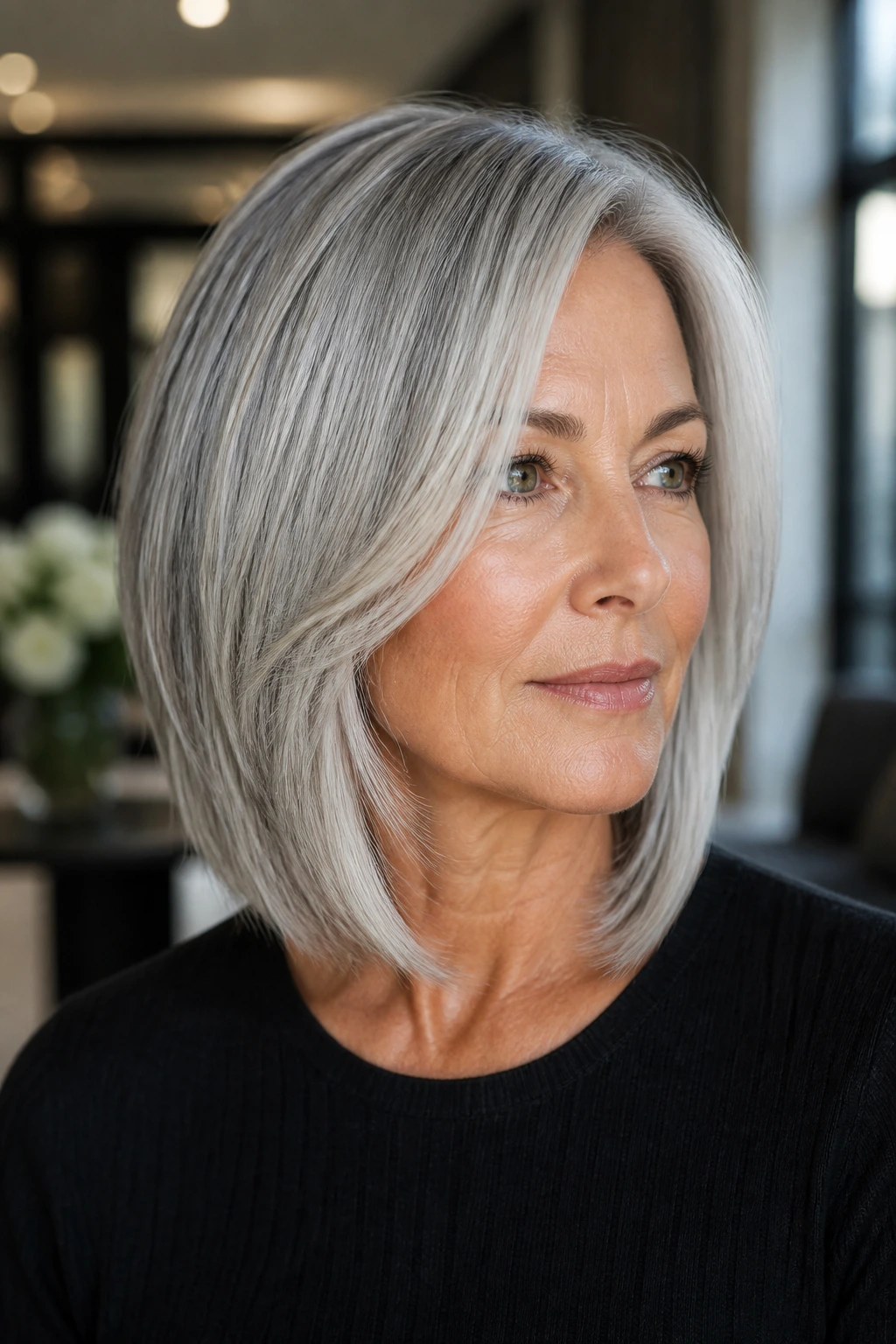Close-up of a woman with silver hair showing blunt cut and soft layers.