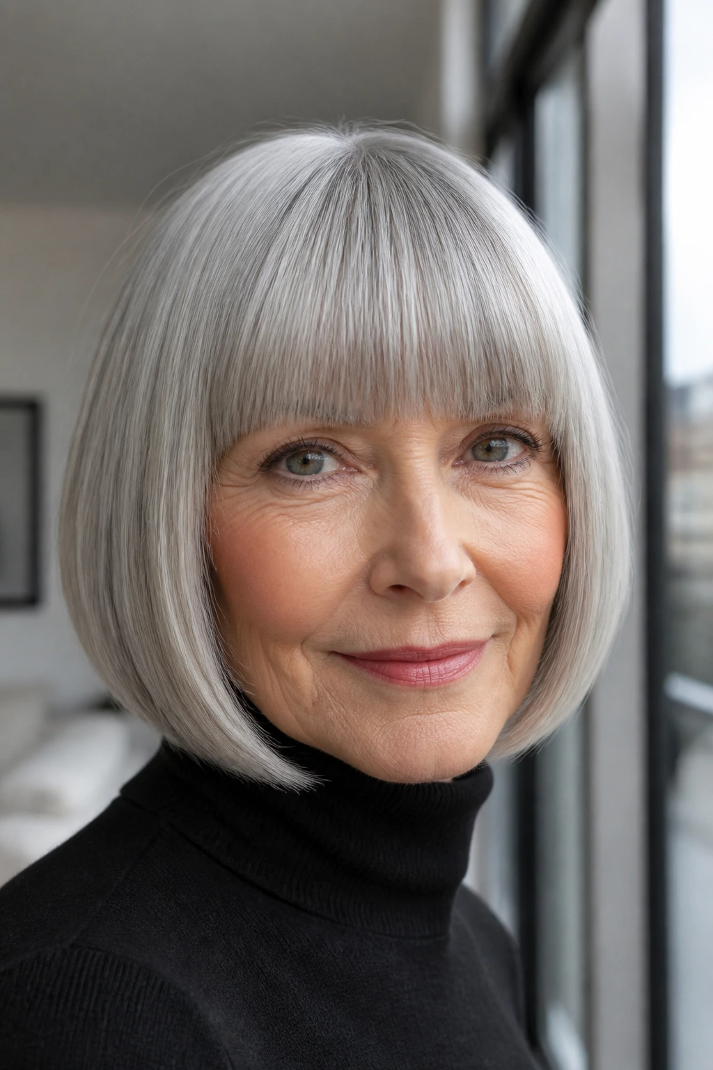 Portrait of a woman with sleek silver bob and blunt bangs