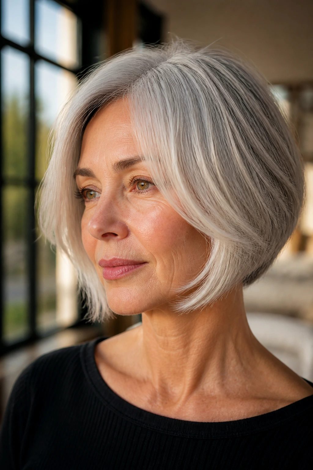 Close-up portrait of a real woman with a silver bob and cheekbone-framing layers.