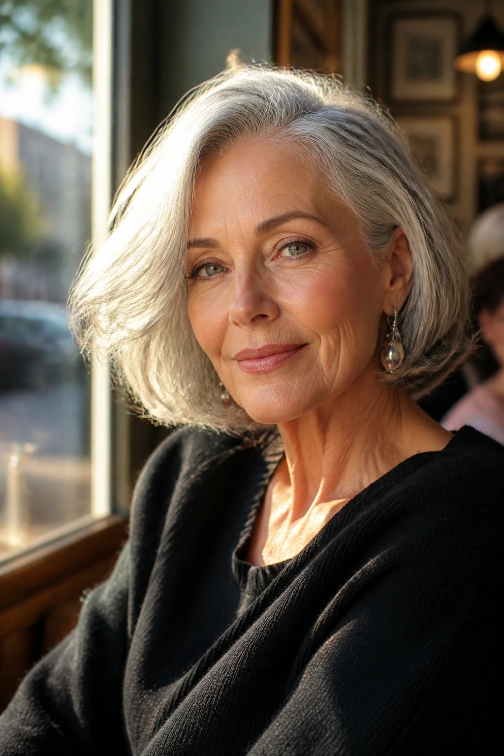 Real woman with silver bob in warm golden-hour cafe setting