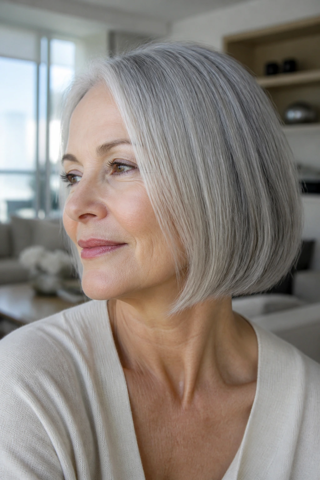Close-up of a real woman with a silver bob highlighting gray tones and shine