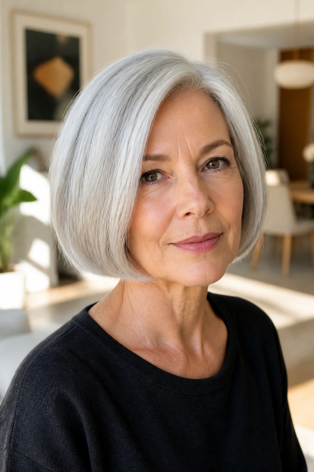 Real woman with a silver bob, side part, bright interior.