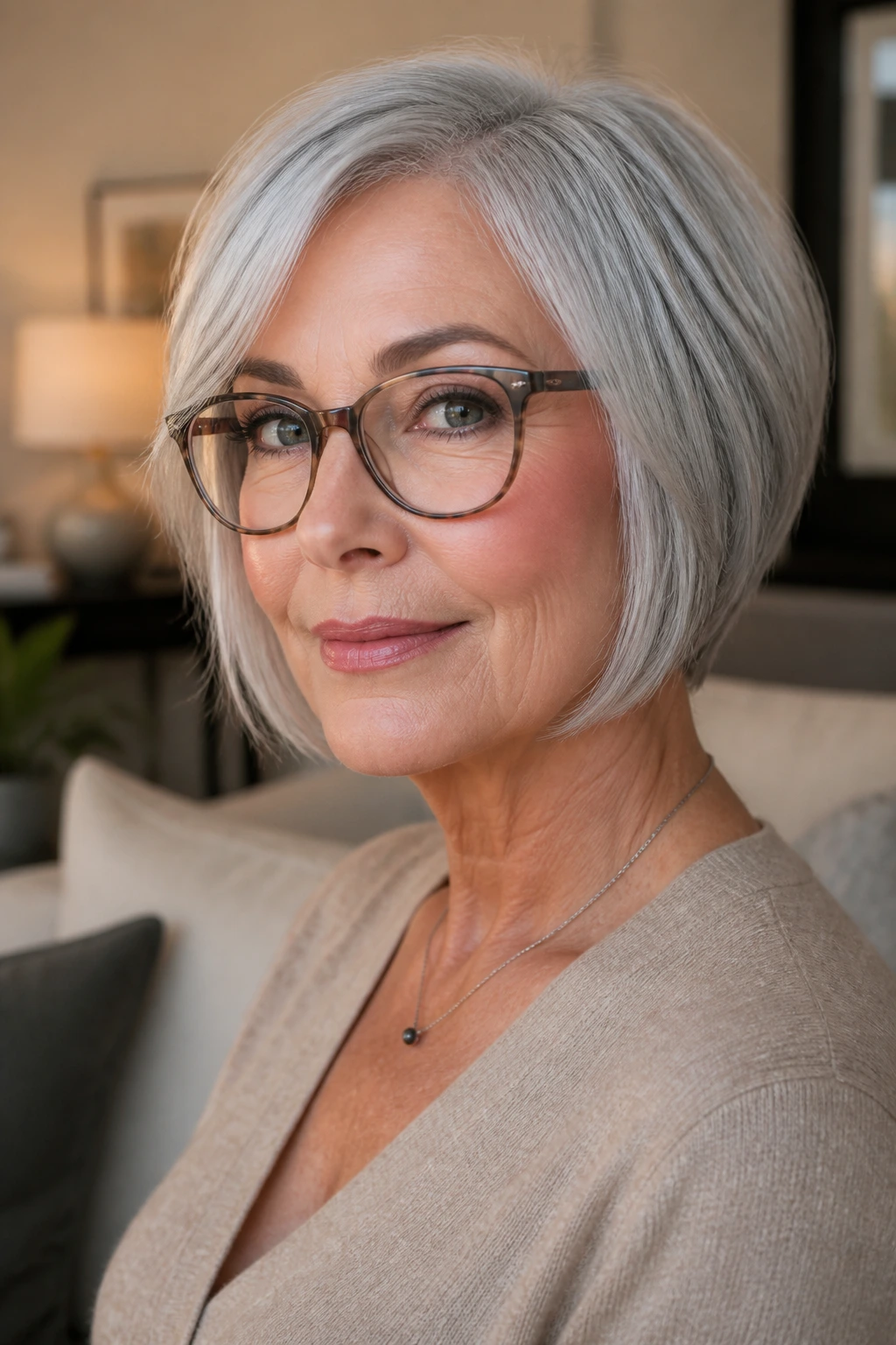 Real woman with silver bob showing haircut pairing with shade