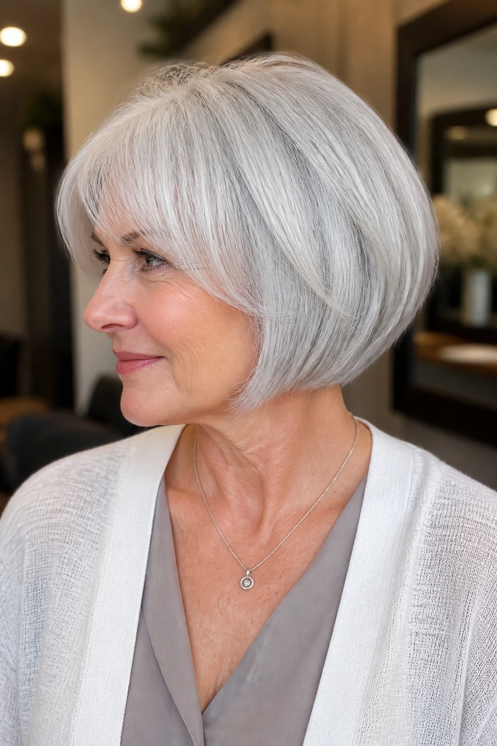 Close-up of a real person with a silver bob featuring invisible layers in a cozy salon