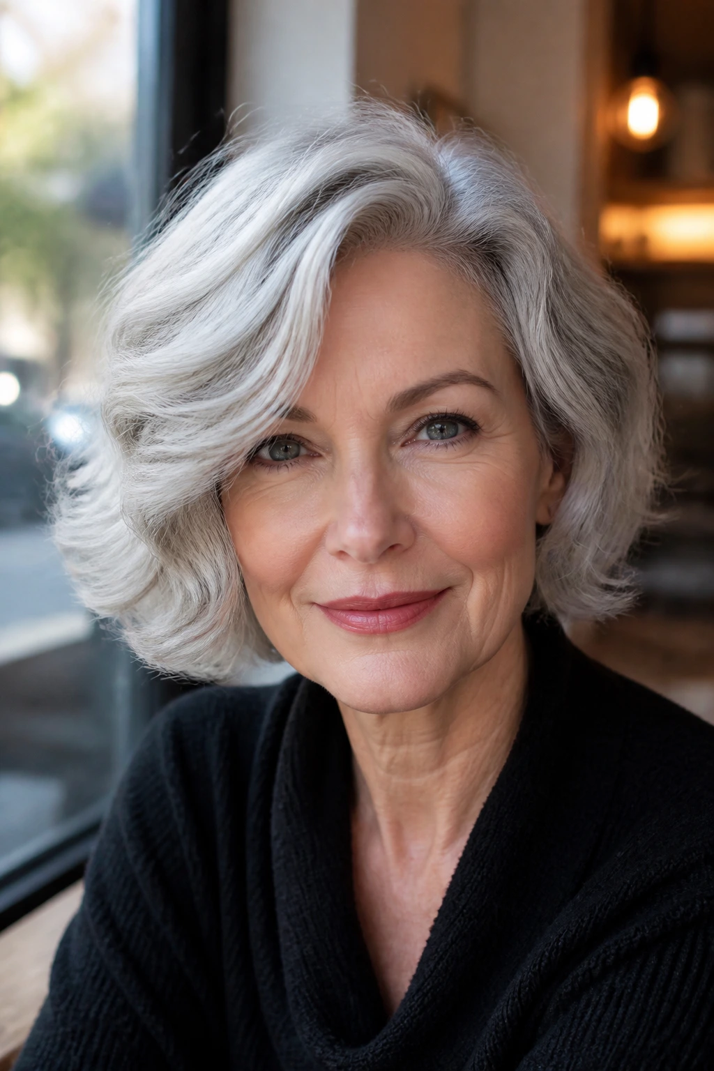 Close-up portrait of an older woman with a silver bob perm and deep side part
