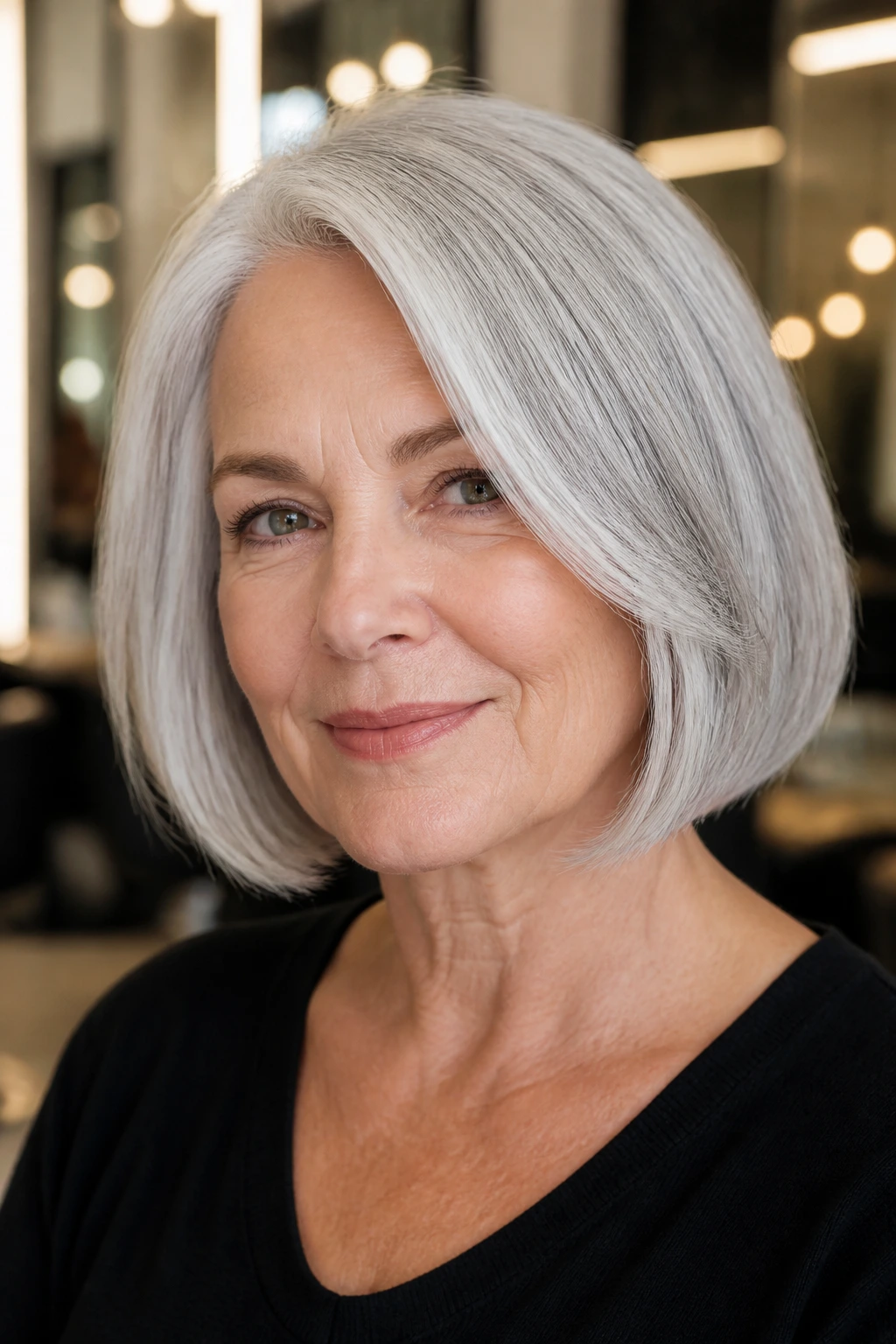 Close-up portrait of an older woman with a silver bob and soft side part in warm salon light