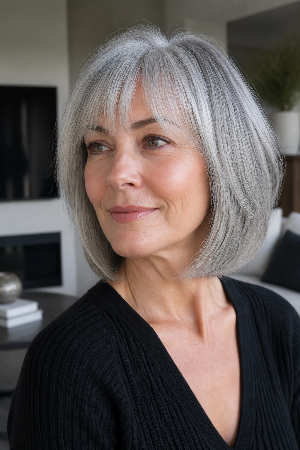 Close-up of a real woman with a silver bob and soft bangs.