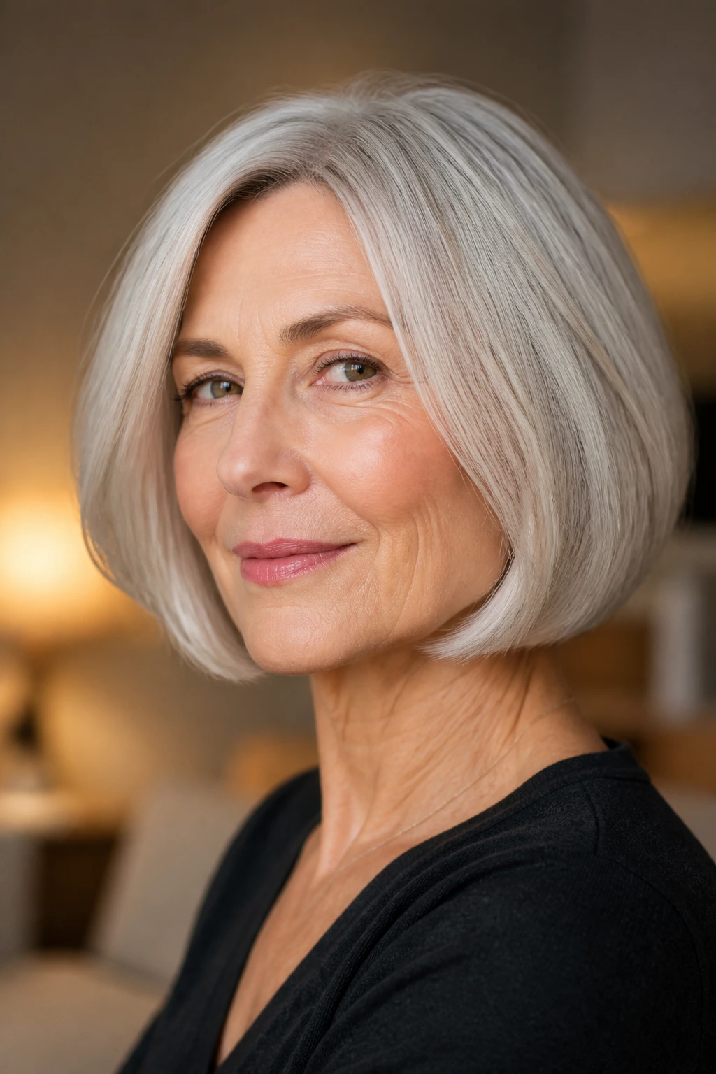 Real woman with chin-length silver bob and soft ends in warm indoor light