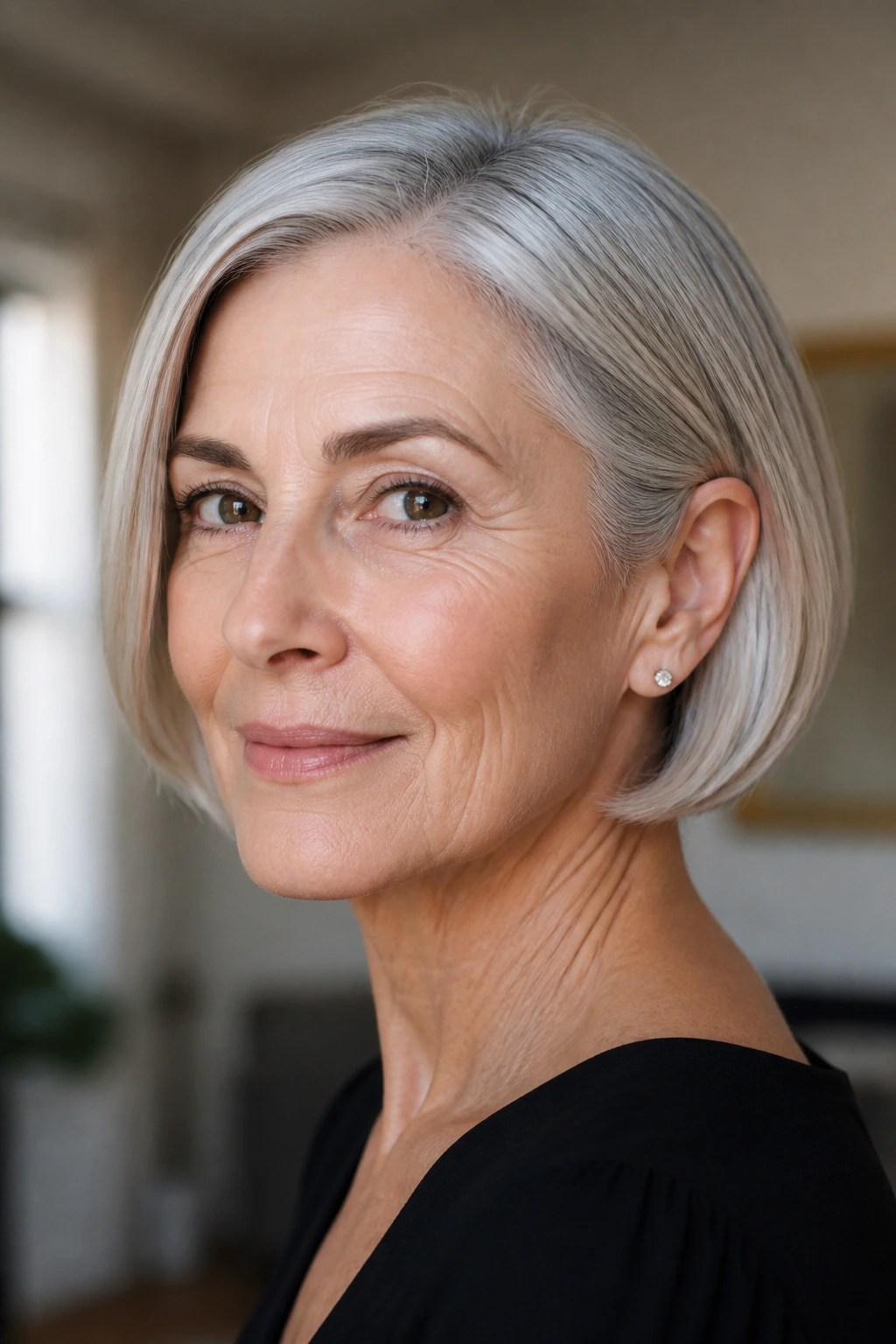 Close-up portrait of a woman with a chin-length silver bob and tucked ends