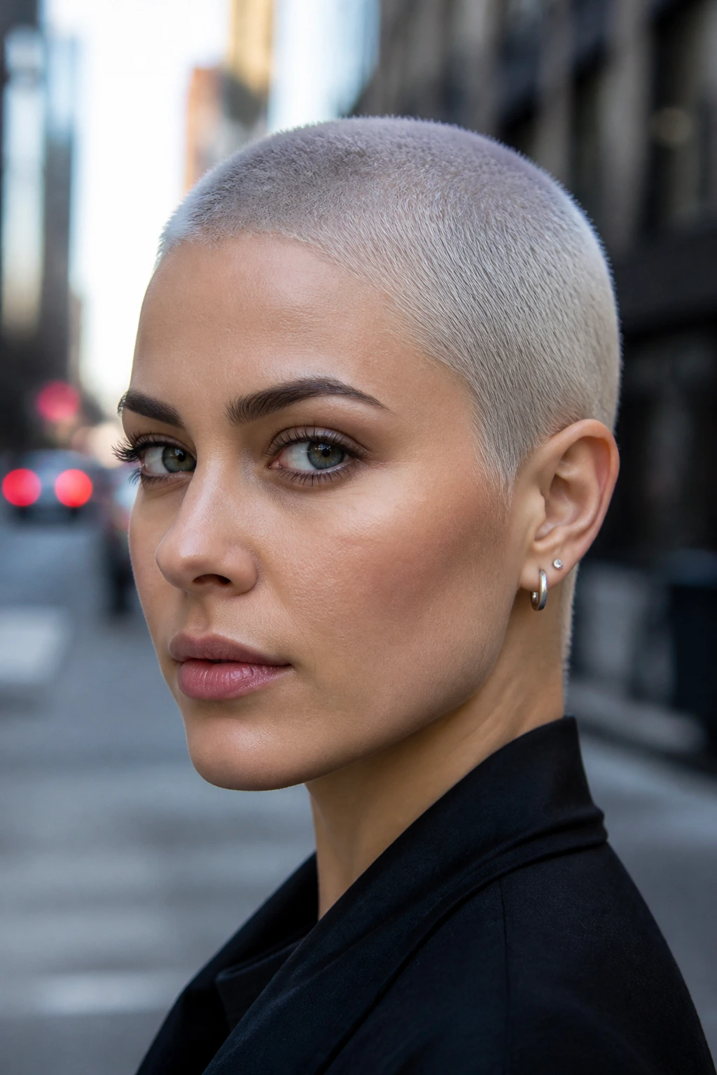 Close-up portrait of a real person with a silver buzz cut in natural daylight