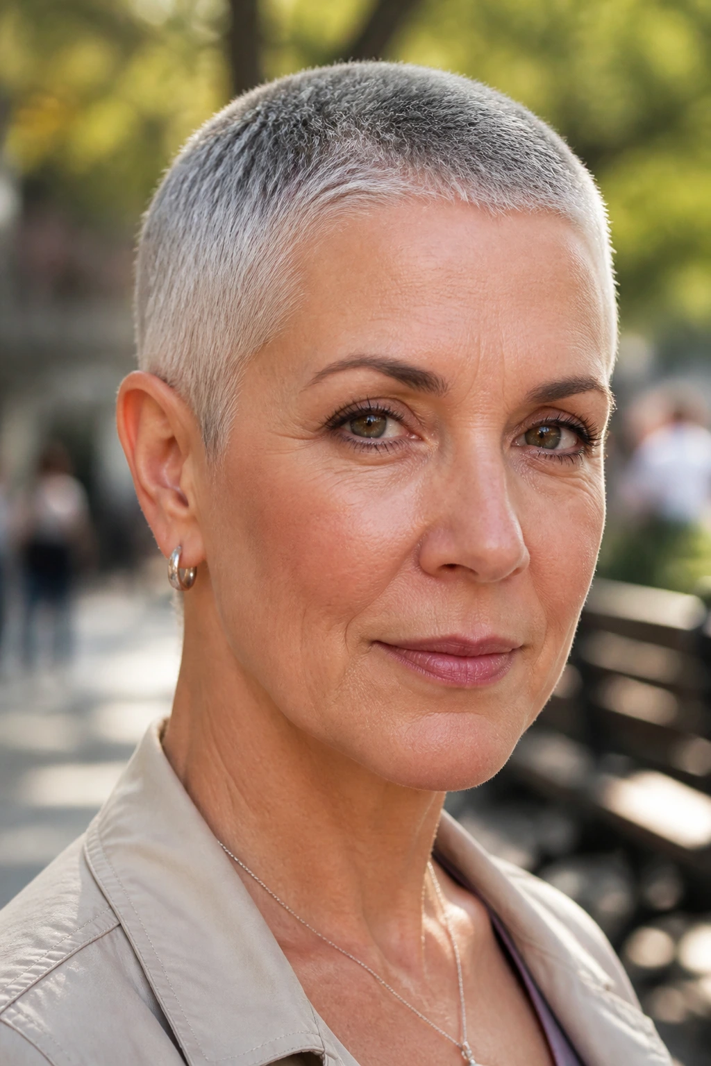 Headshot of a woman with a silver buzz cut and soft edges outdoors