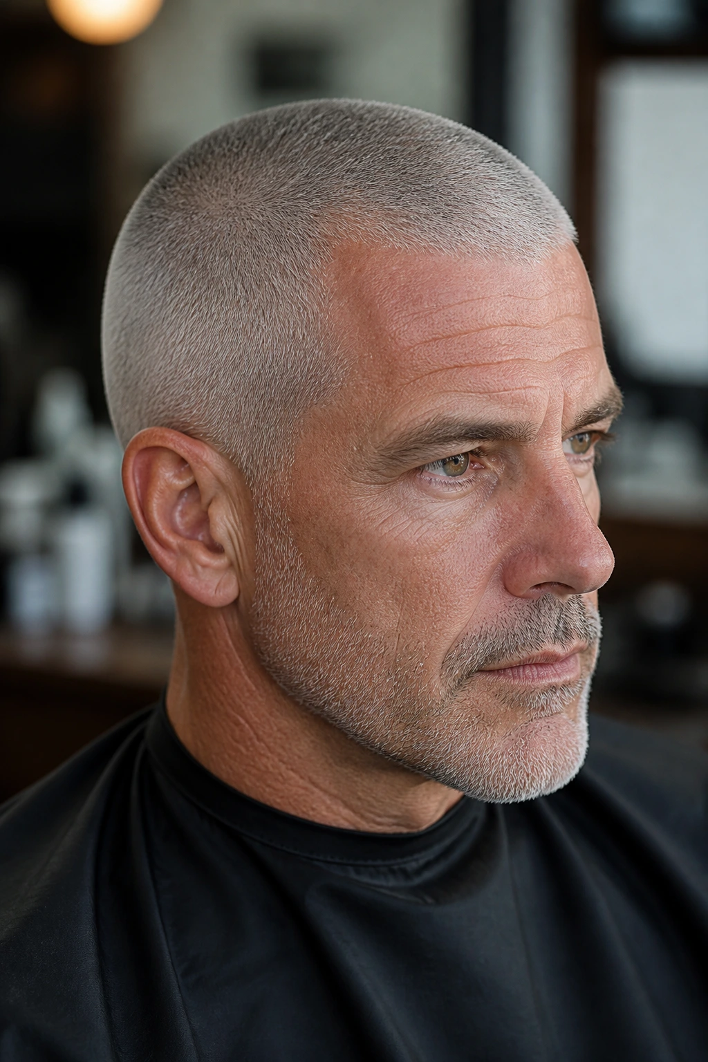 Close-up of a man with a silver buzz cut and clean neckline