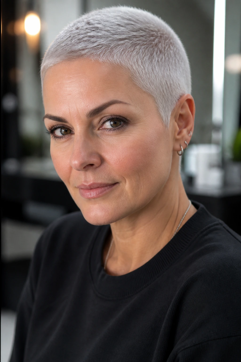 Close-up of a person with a silver buzz cut in cool lighting.