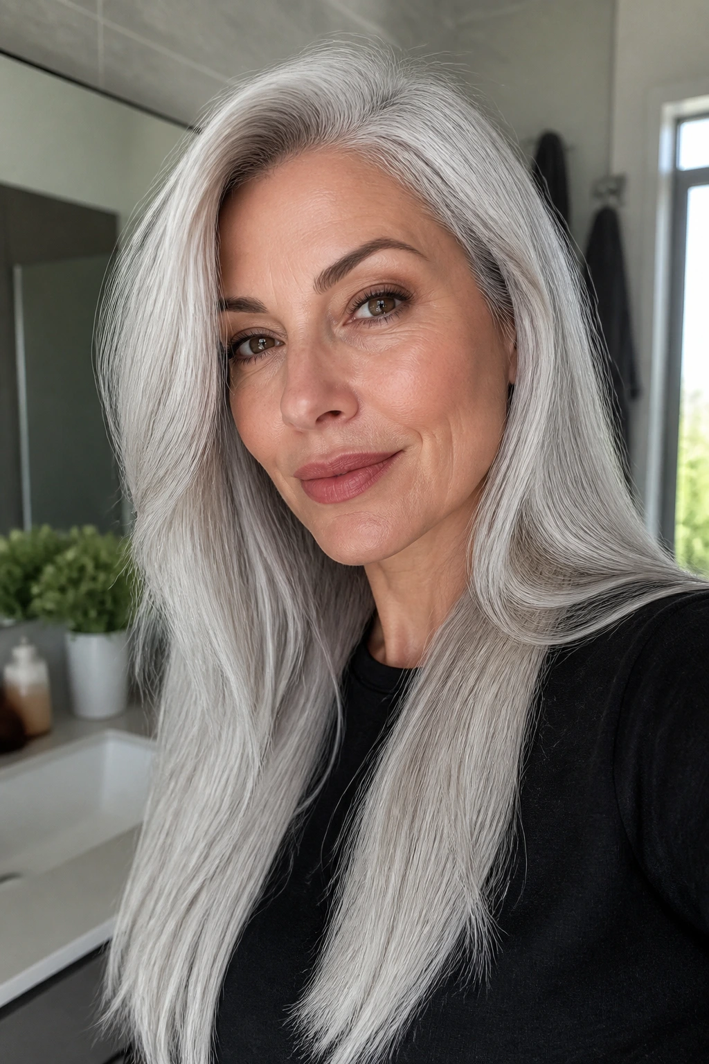Portrait of a woman with crisp silver hair in a modern bathroom.