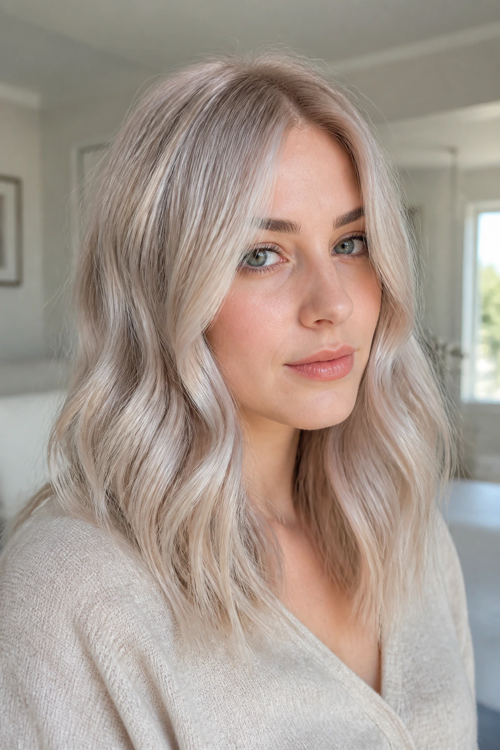 Portrait of a woman with silver champagne blonde hair in soft waves under natural light