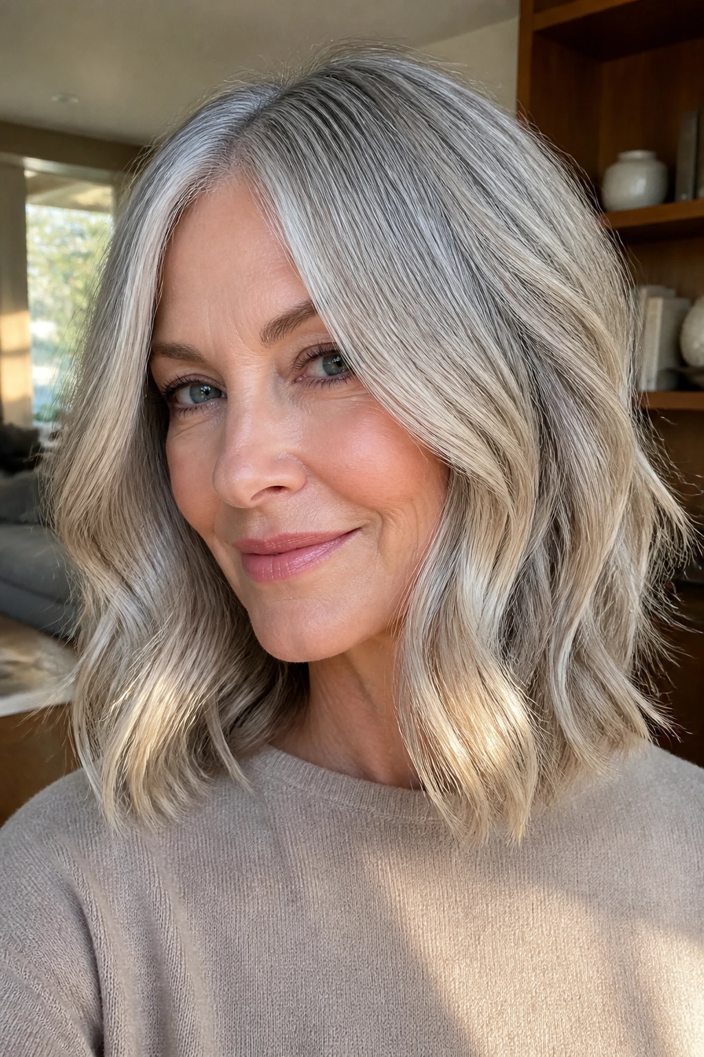 Real woman with shoulder-length silver hair showing champagne ribbon highlights