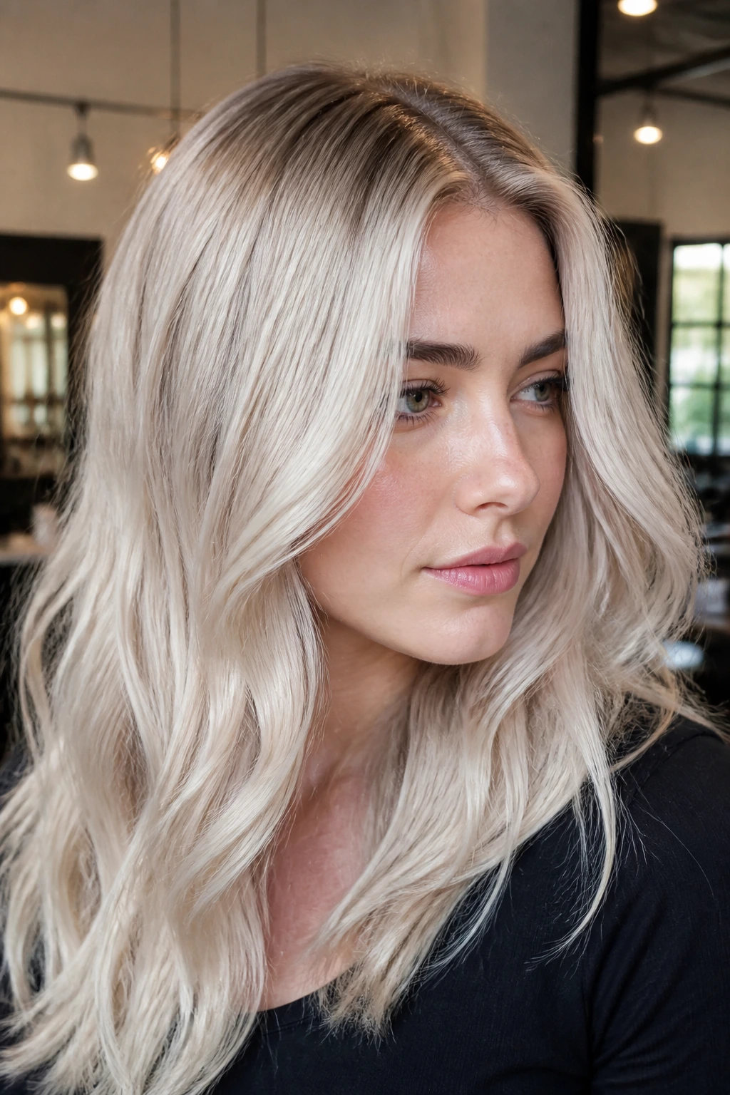 Portrait of a woman with silver-toned cream blonde hair in natural light.