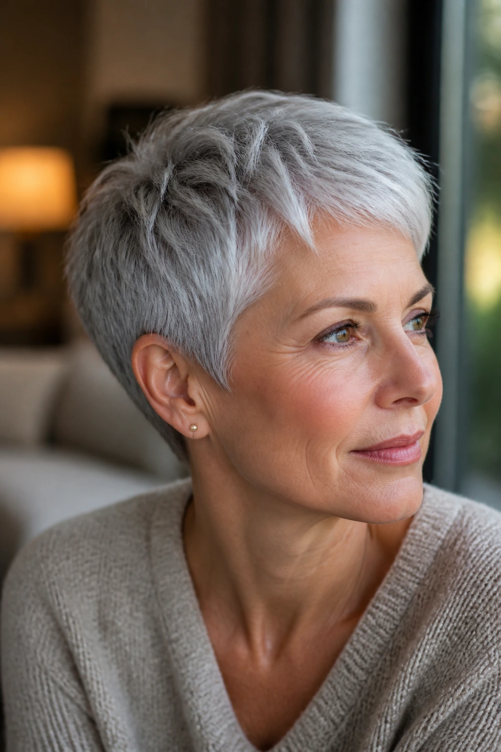Close-up of a real person with a natural silver crop and soft temples.