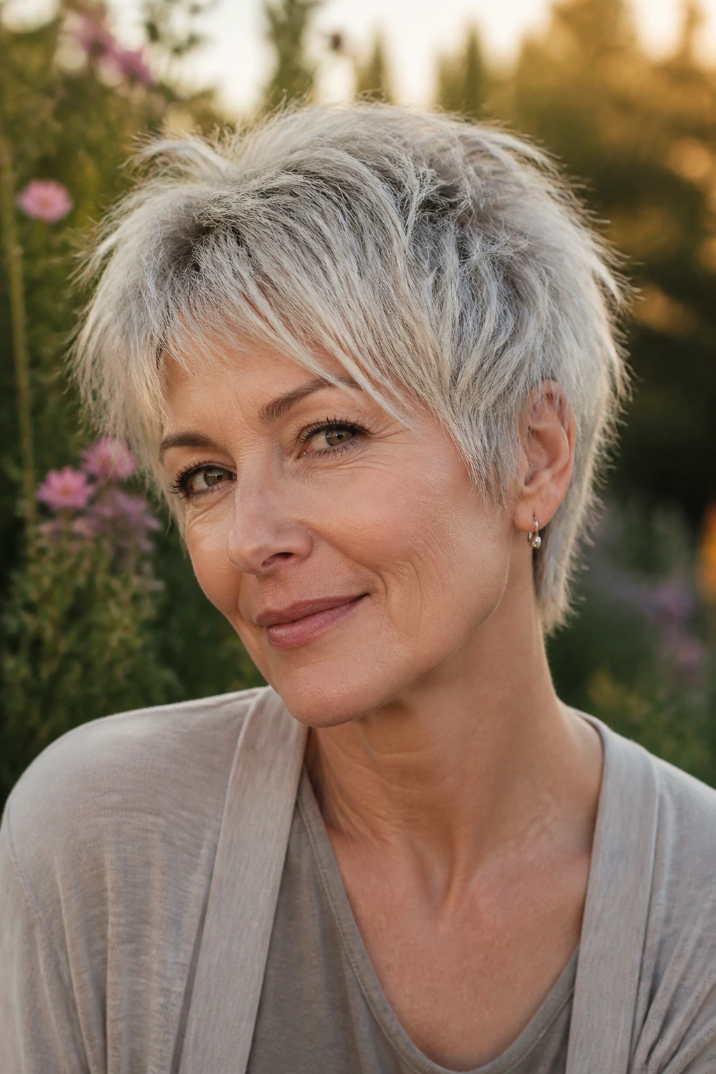 Real woman with silver tousled crop and choppy ends in golden hour light
