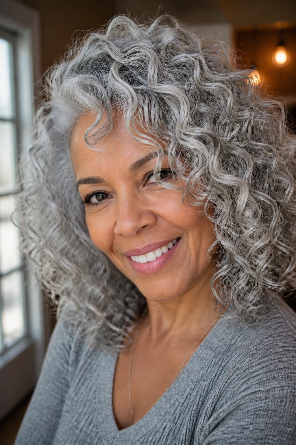 Close-up portrait of a real person with silver-toned curly hair showing dimensional highlights