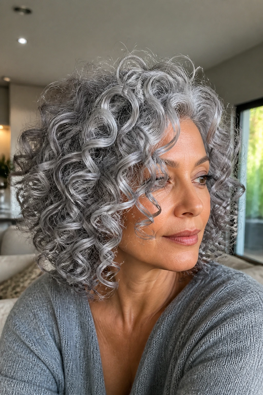 Close-up of a person with glossy silver curls in a living room