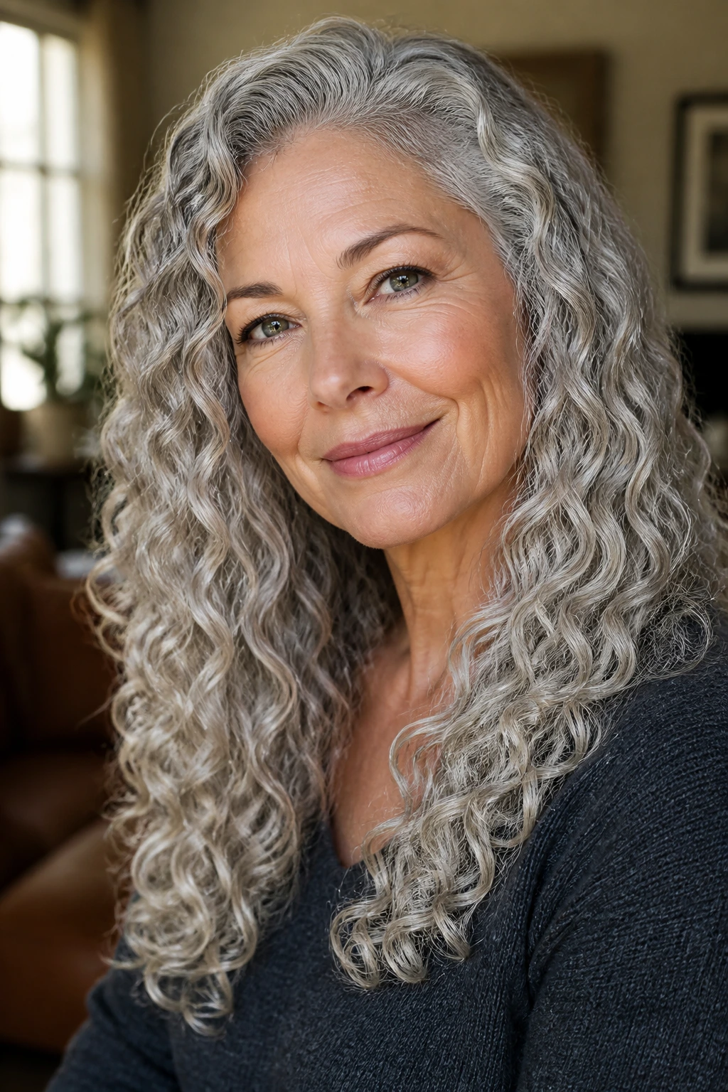 Close-up portrait of a real woman with silver curls and glossy defined coils