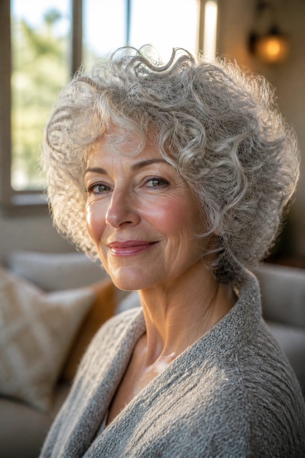 Close-up portrait of an older woman with silver-gray curls forming a halo around her head.