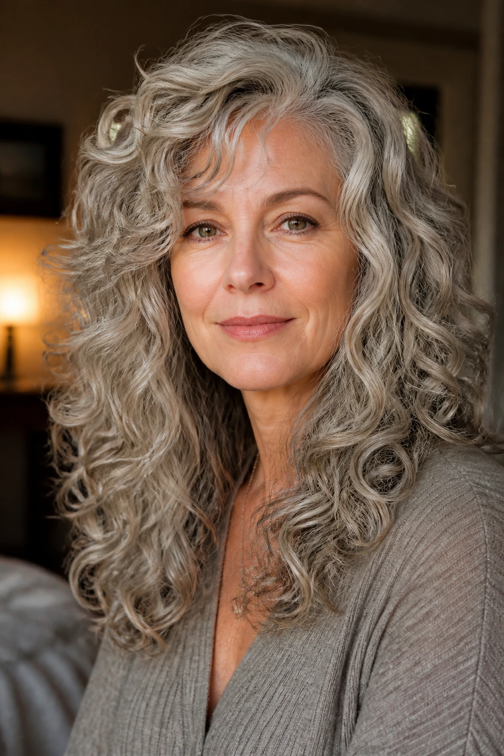 Older woman with silver curls and layered cut photographed in warm indoor light.