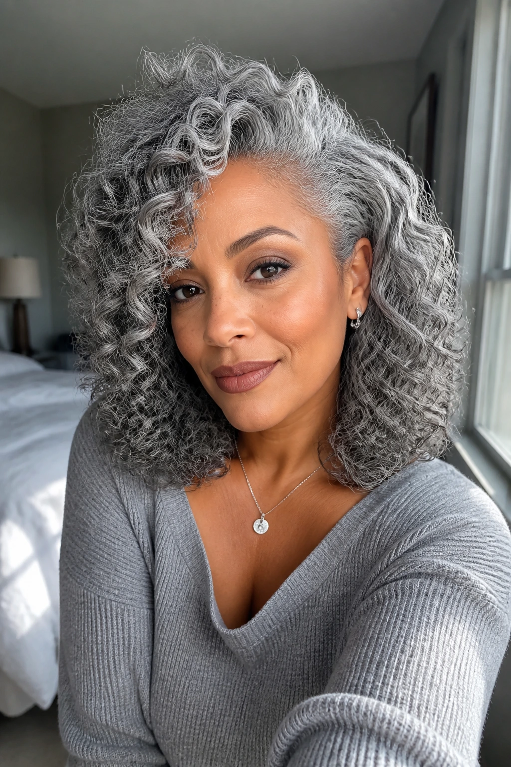 Portrait of a real woman with silver curls in a side part by a sunlit window