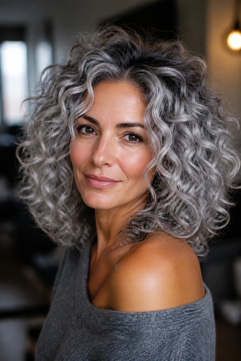 Close-up of a real person with silver curly hair showing dark roots and soft midtones to preserve curl shape