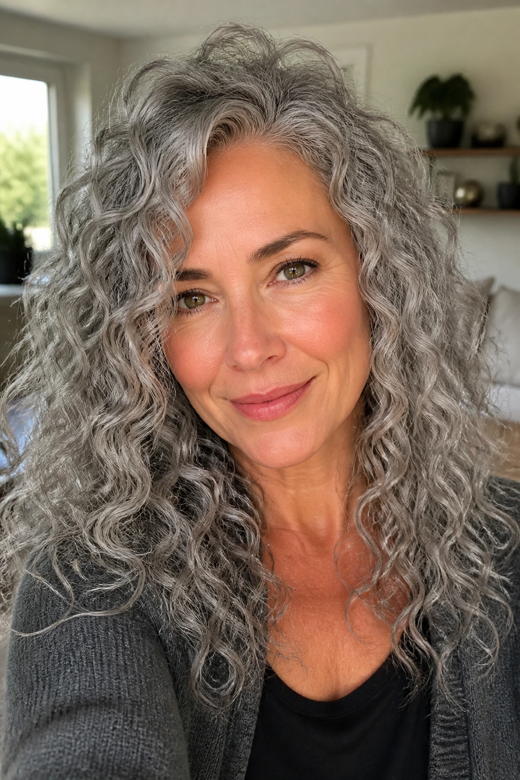 Close-up of a woman with smoky silver curls.