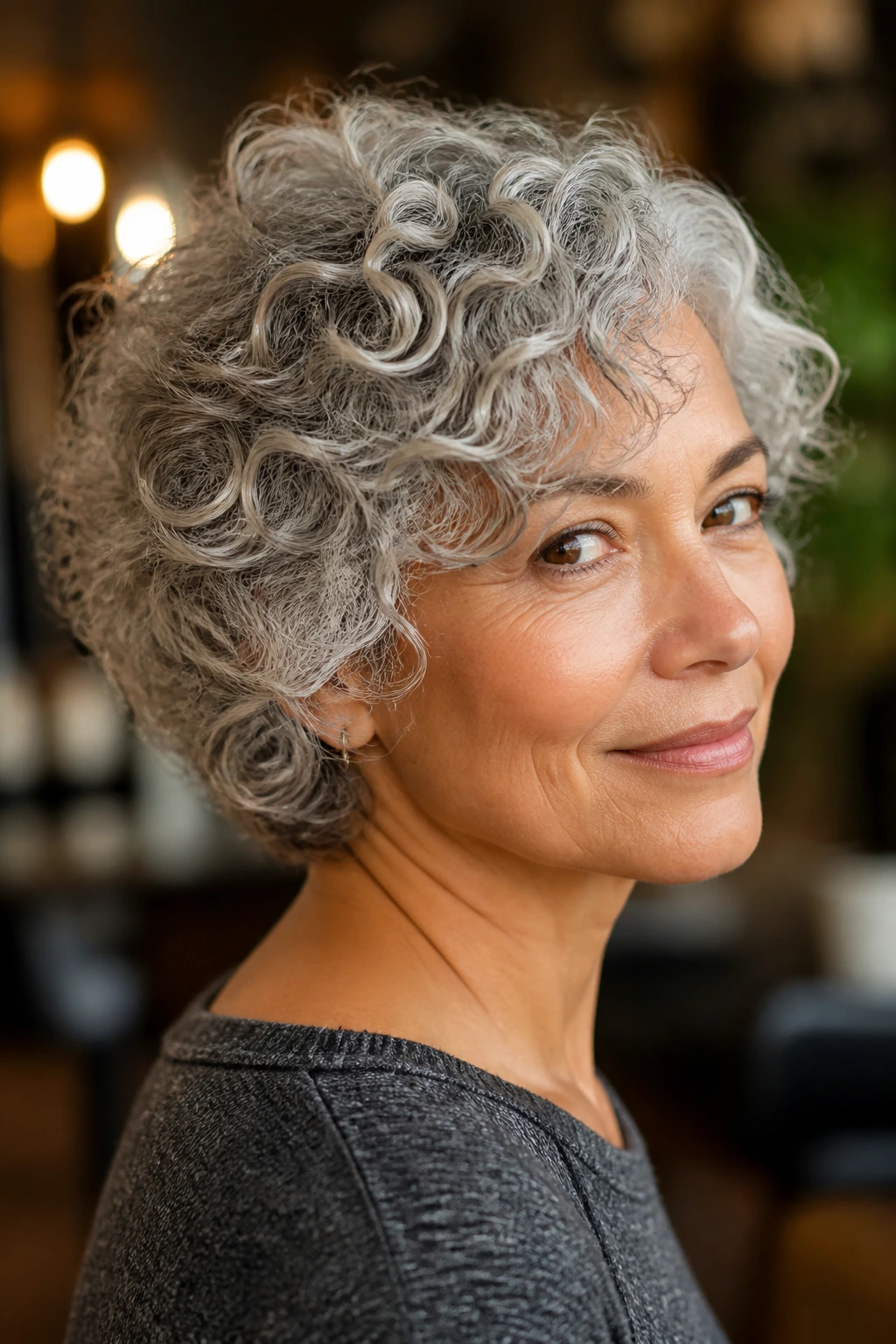 Portrait of a person with silver curls in a soft stacked back hairstyle