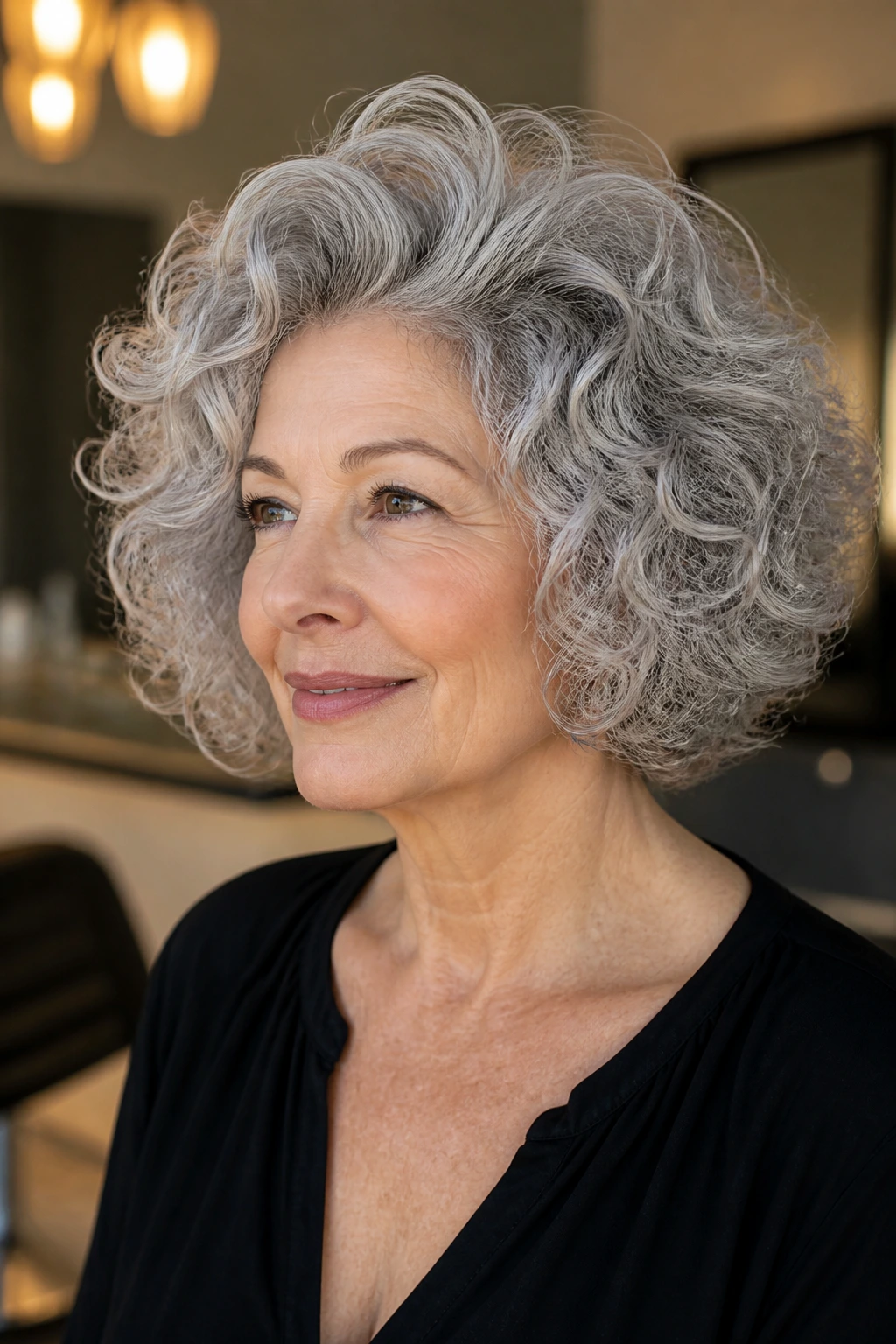 Close-up of an older woman with a silver curly bob and crown-volume lift.