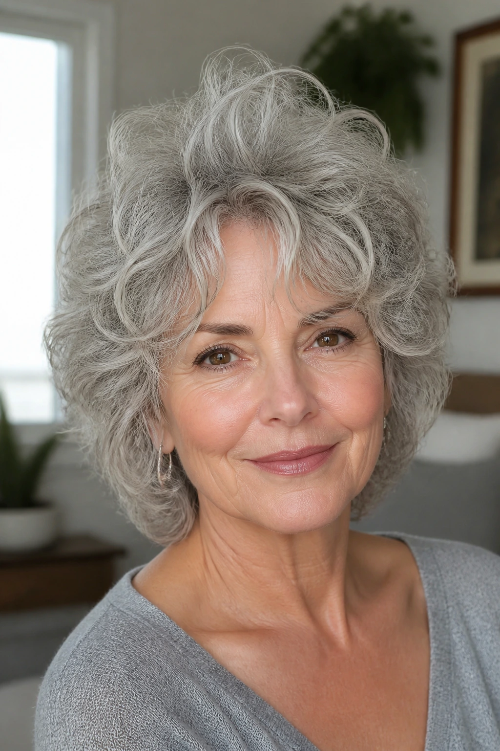 Portrait of an older woman with silver curly shag and crown lift in a sunny room