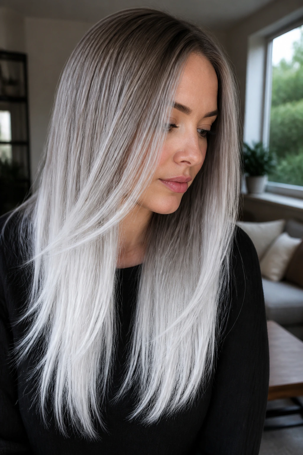 Close-up of a woman with long hair featuring Arctic white-silver ends.